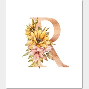 Watercolor sunflower bouquet monogram letter R Posters and Art